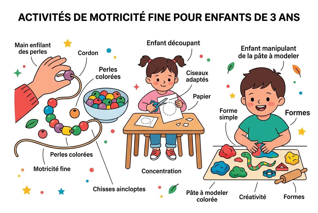 Activité psychomotricité 3 a : enfants manipulant perles et pâte à modeler pour développer motricité fine et concentration.