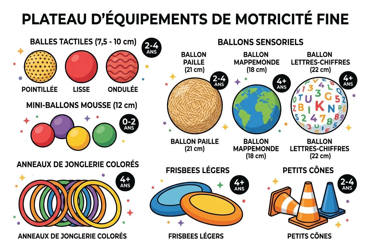 Alt: Équipements motricité petite enfance: divers modules colorés comme balles tactiles, mini-ballon mousse, anneaux de jonglerie, frisbees légers, et petits cônes.