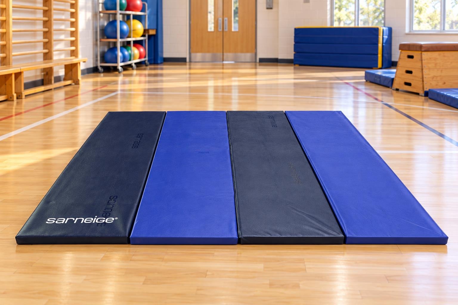 Blocs de tapis de gym alignés sur le sol d’une salle de gymnastique.