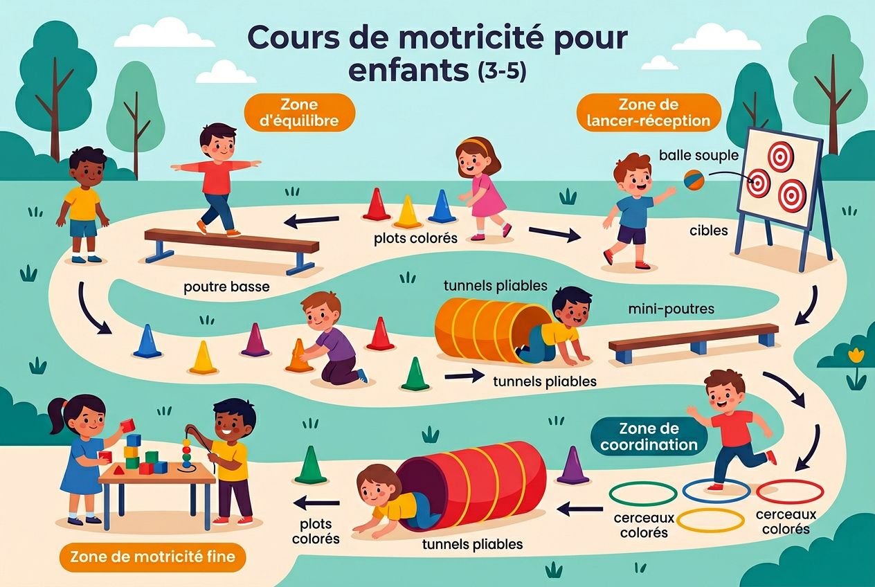 Course de motricité pour enfants (3-5) avec parcours, tunnels et jeux collectifs adaptés à l’animation bafa. jeux 3 5 ans animation bafa intégré.