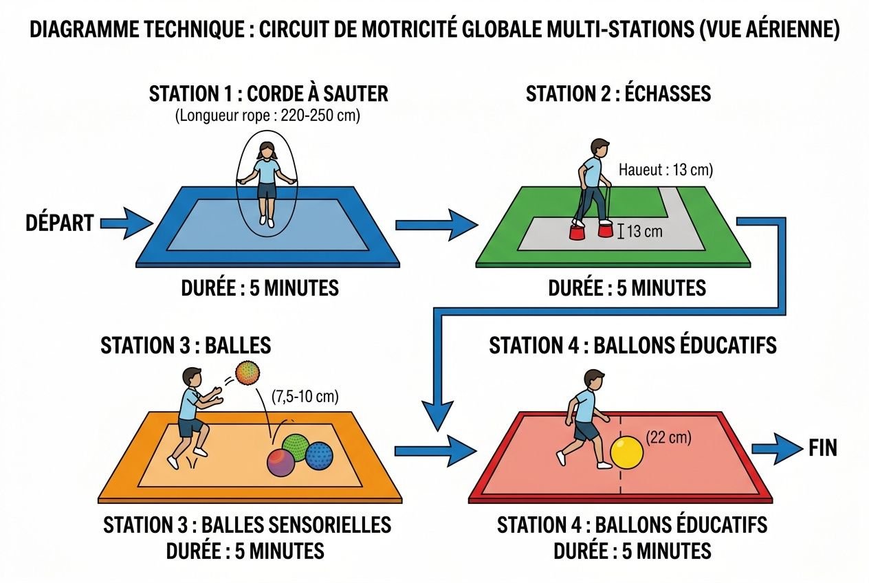Diagramme technique montrant un circuit de motricité globale multi-stations: départ, stations 1 à 4 et fin, avec trampoline, échasses, balles et parcours sensoriel. activité motricité globale 6 12 a intégrée naturellement.