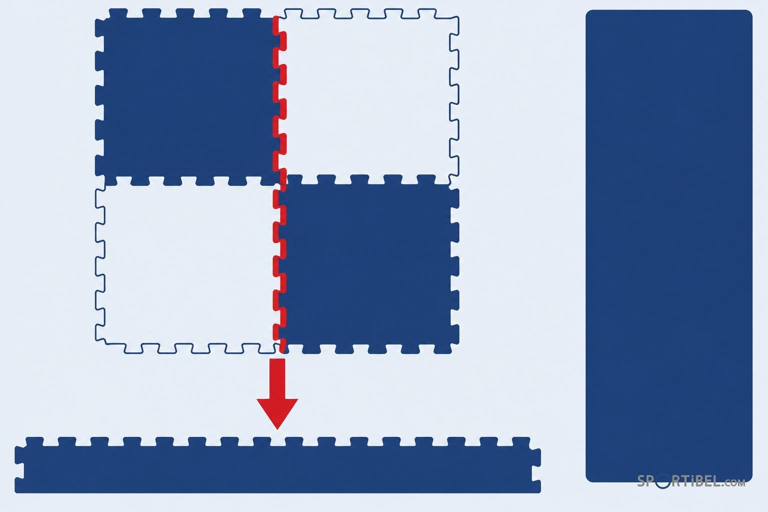 Disposition de dalles de puzzle bleues et blanches assemblées avec une pièce tombante vers une bande horizontale bleue.