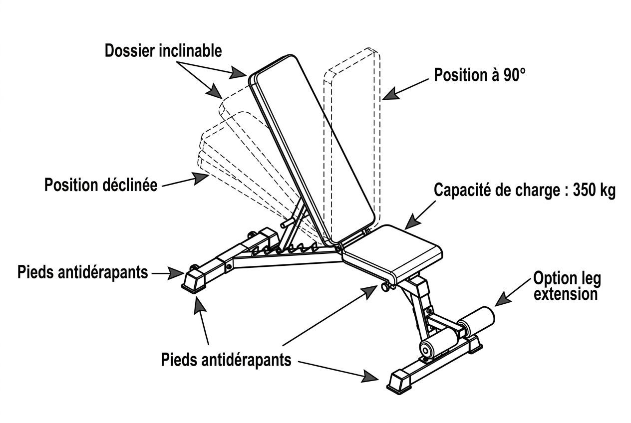 Dossier inclinable avec banc de musculation et repose-dos, assise réglable et pieds antidérapants; cadre robuste et extension de pied optionnelle. Indispensables pour un home gym.