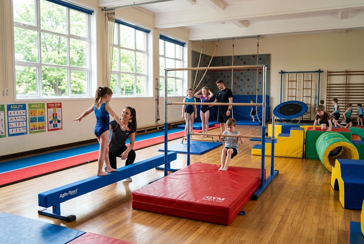 Élèves en gymnase utilisant du matériel de gymnastique pour les élèves: équilibre sur poutre, tapis rouges, agrès et jeux d’exercices sous supervision d’un professeur.