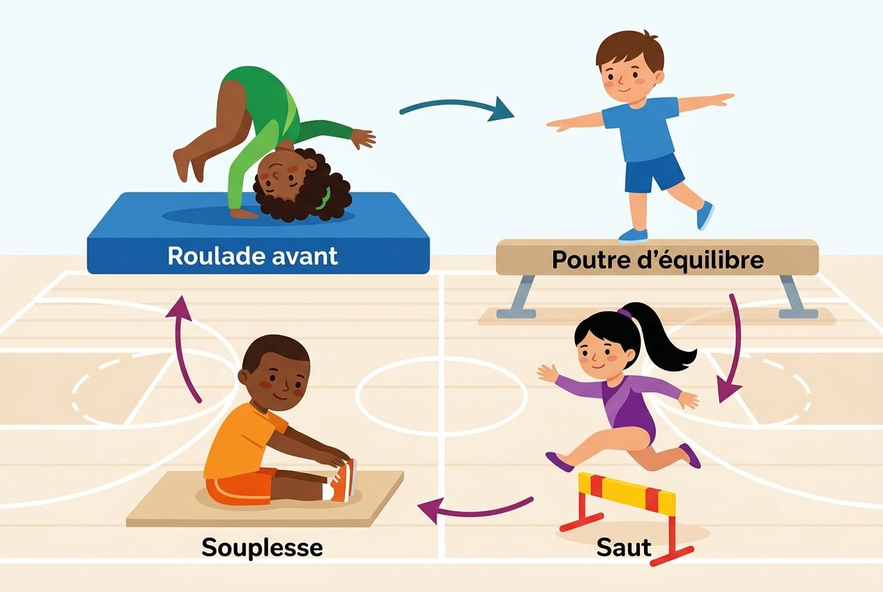 Enfant effectuant une roulade avant sur un tapis bleu, démontrant des exercices de gymnastique à l’école.