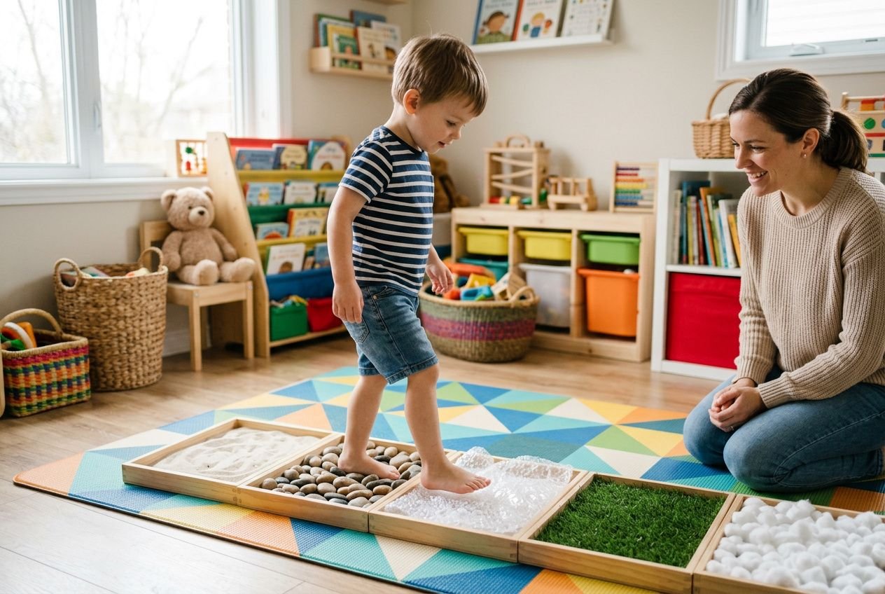 Enfant marche pieds nus sur un parcours sensoriel Montessori, guidé par une adulte dans une salle lumineuse avec des jeux et rangements colorés. parcours sensoriel enfant est mis en scène.
