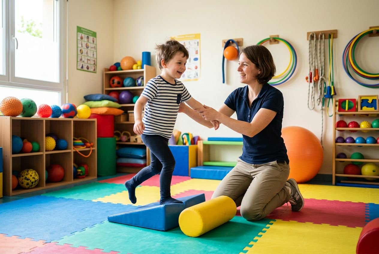 Une enfant et une psychomotricienne en séance en milieu thérapeutique, l’enfant en équilibre sur une marche bleue, accompagnée par la professionnelle.