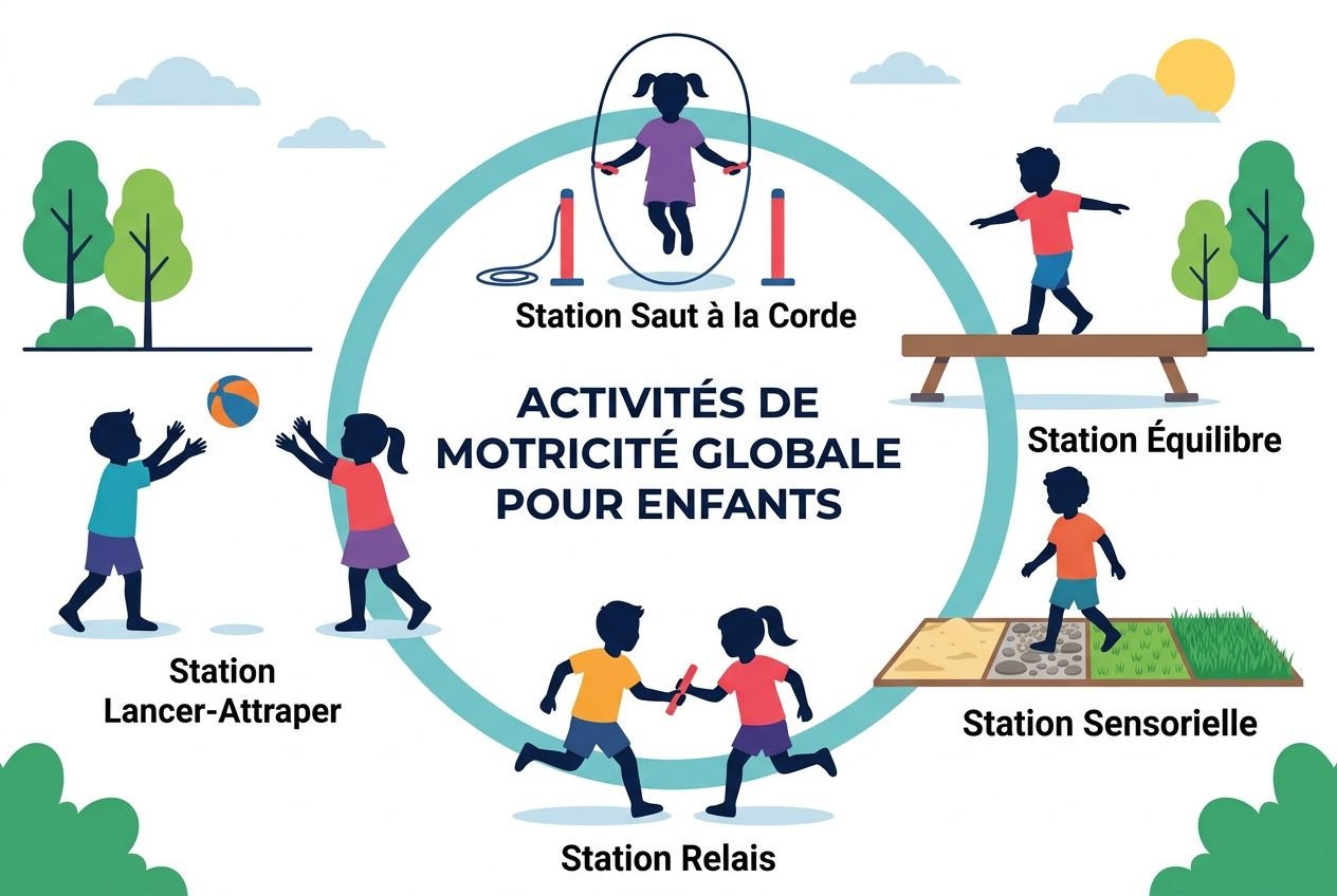 Enfants jouant à des activités de motricité globale autour d’un grand cercle, avec stations: saut à la corde, lancer-Attraper, relais, équilibre, parcours sensoriel et ponton, sur fond pelouse et arbres.activité motricité globale 6 12 a