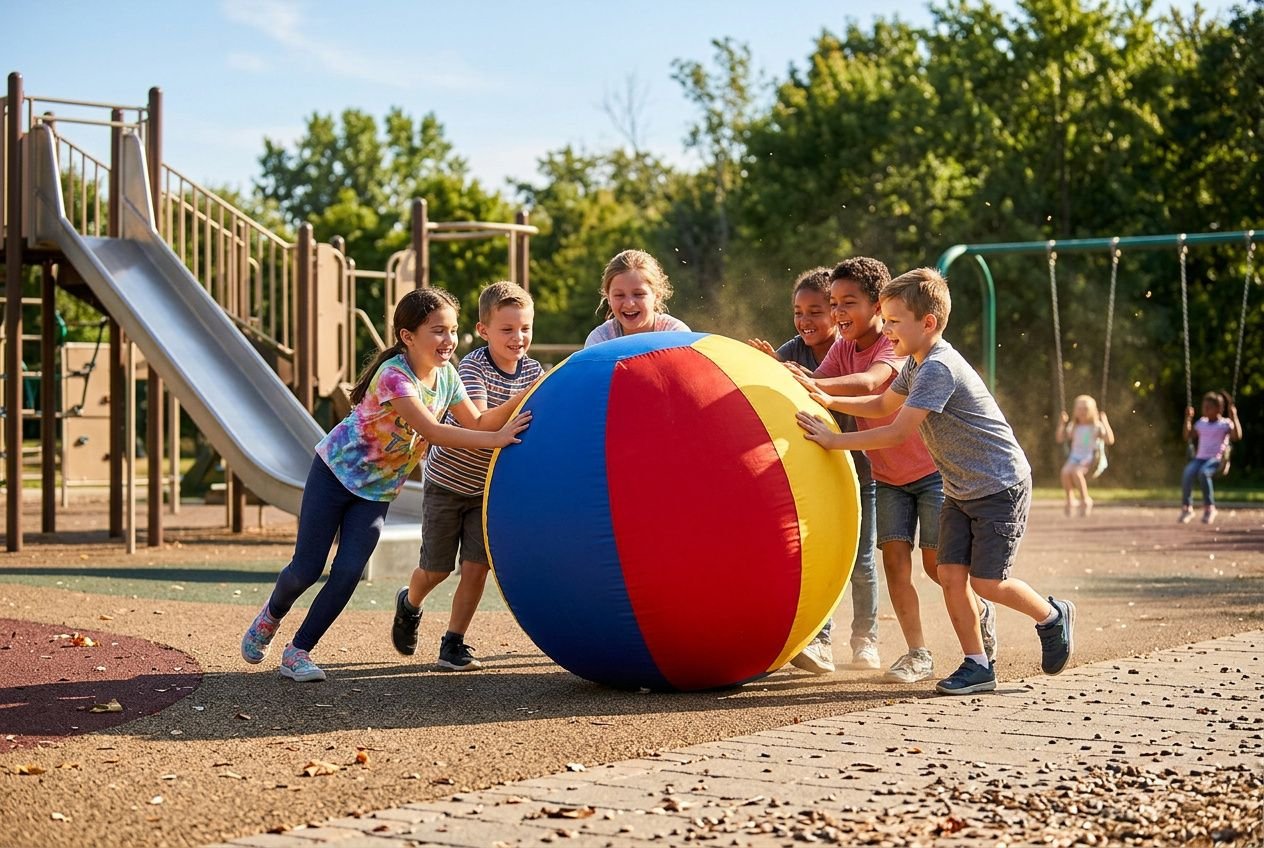 Enfants poussant un grand ballon coloré lors d’un jeu d’extérieur animation 6 12 a sur un terrain de jeux.