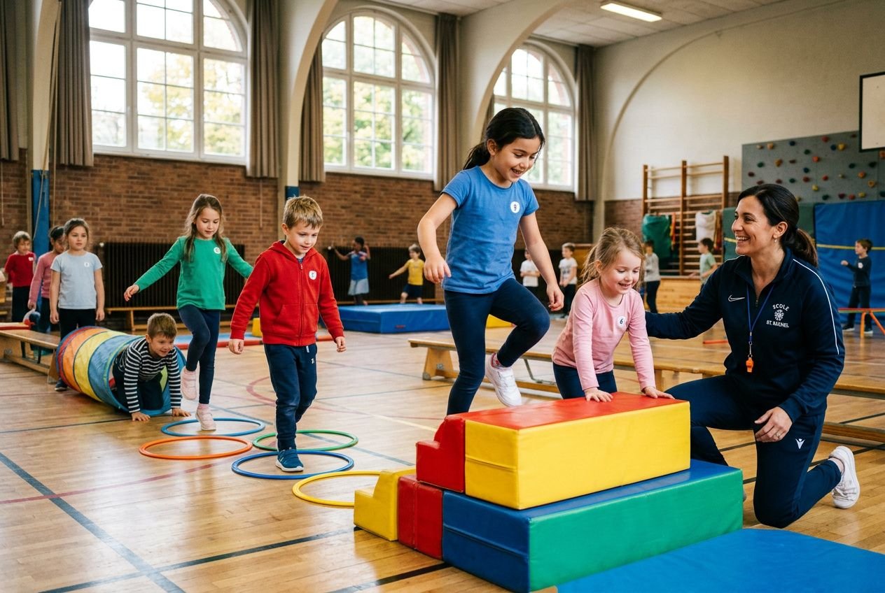 Enfants en salle de sport réalisant des activités psychomotrices avec une superviseure, escaladant des blocs colorés et passant des cerceaux au sol. activités psychomotrices 6 12 a