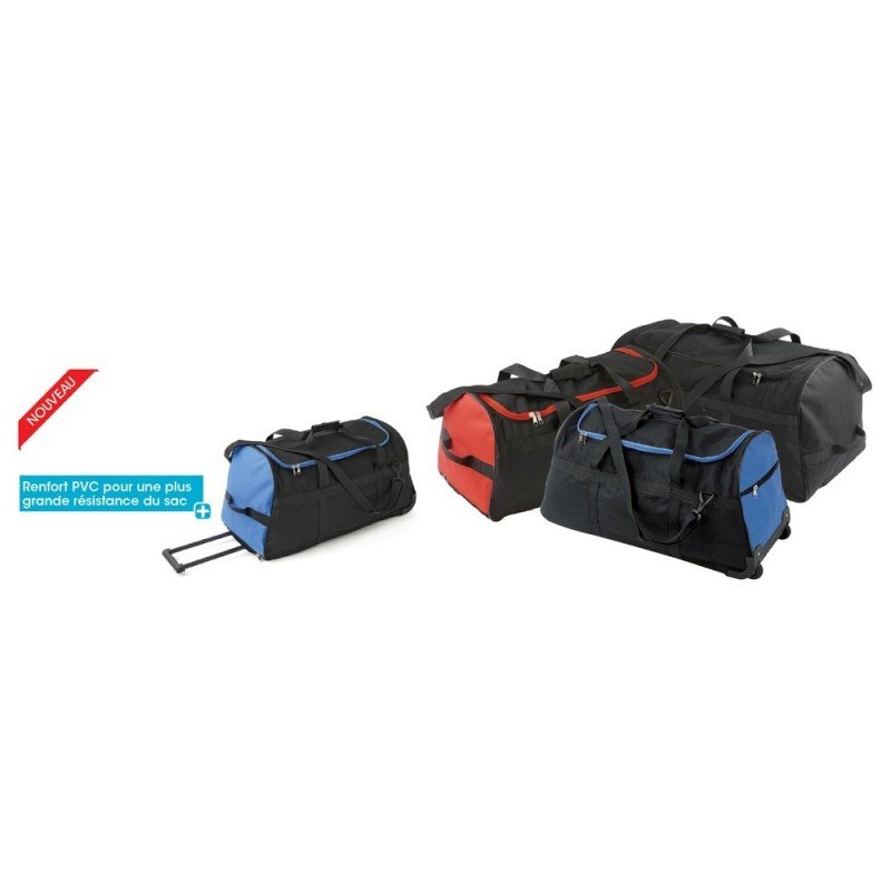 Ensemble de sacs de sport noirs avec éléments bleus et rouges, dont l’une comporte une poignée télescopique; idéal pour la gymnastique école bienfaits santé.