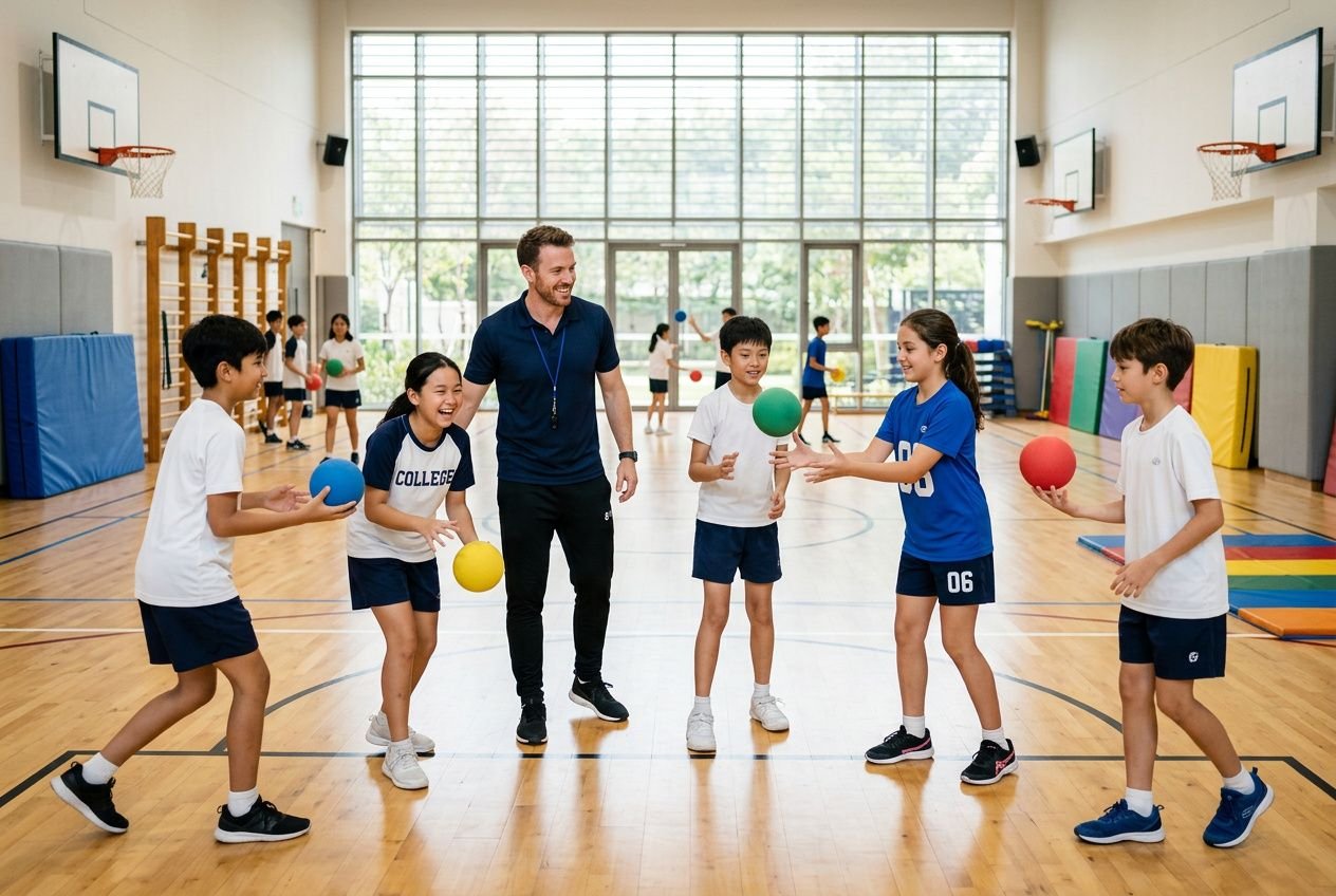Entraînement de sport en milieu scolaire: un enseignant accompagne des élèves de primaire qui jouent avec des ballons colorés dans une salle de gym lumineuse.
