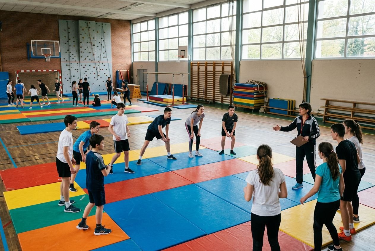 Entraînement sportif en gymnase: jeunes et coachs discutent sur un tapis coloré, avec matériel pliable et mur d'escalade en arrière-plan, sous lumière naturelle. Subvention équipements sportifs 2026 essentielle pour le financement ANS.