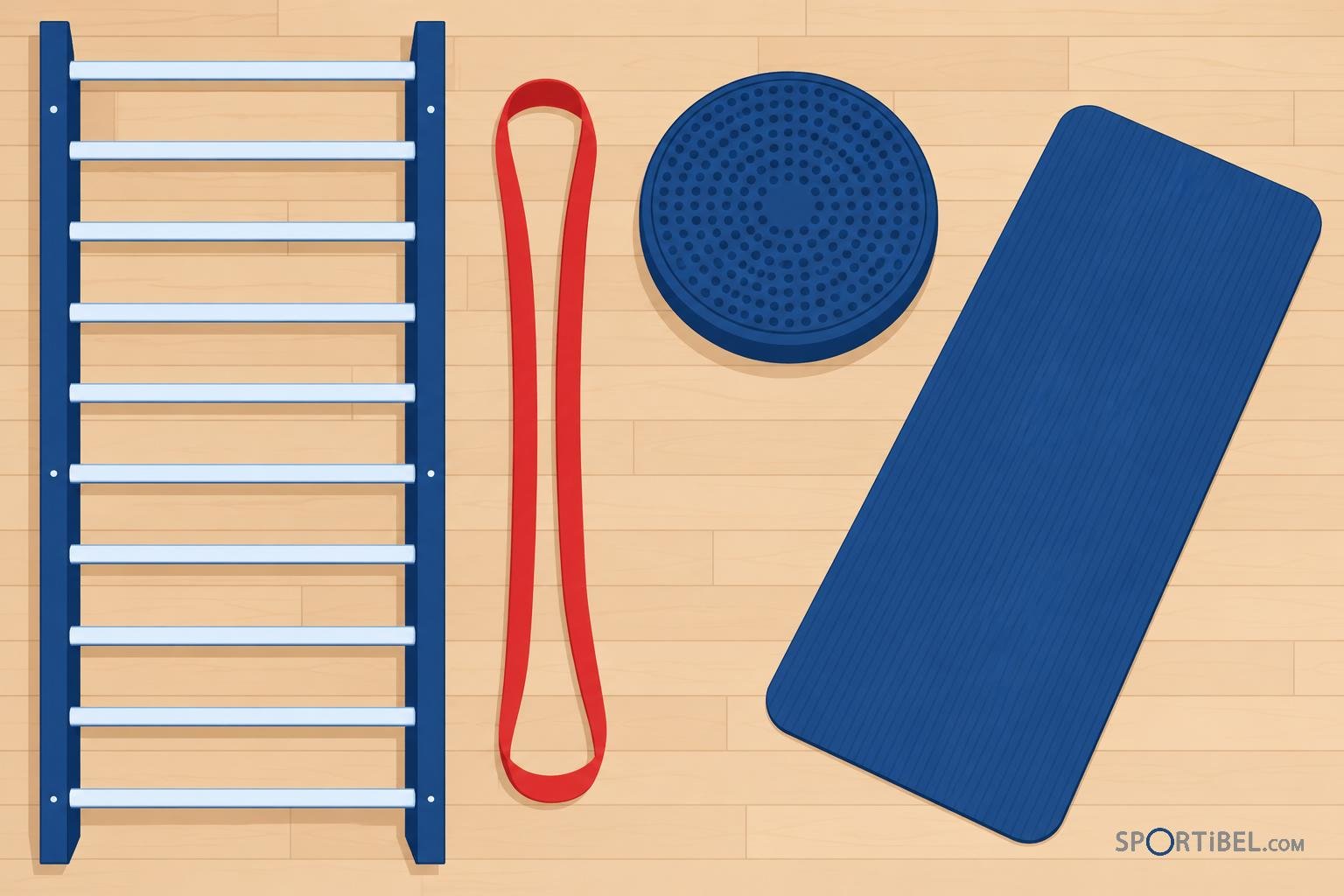 Équipements d’escalade et de gymnastique au sol: échelle en bois, sangle rouge, disque de rotation et tapis bleu posé au sol.