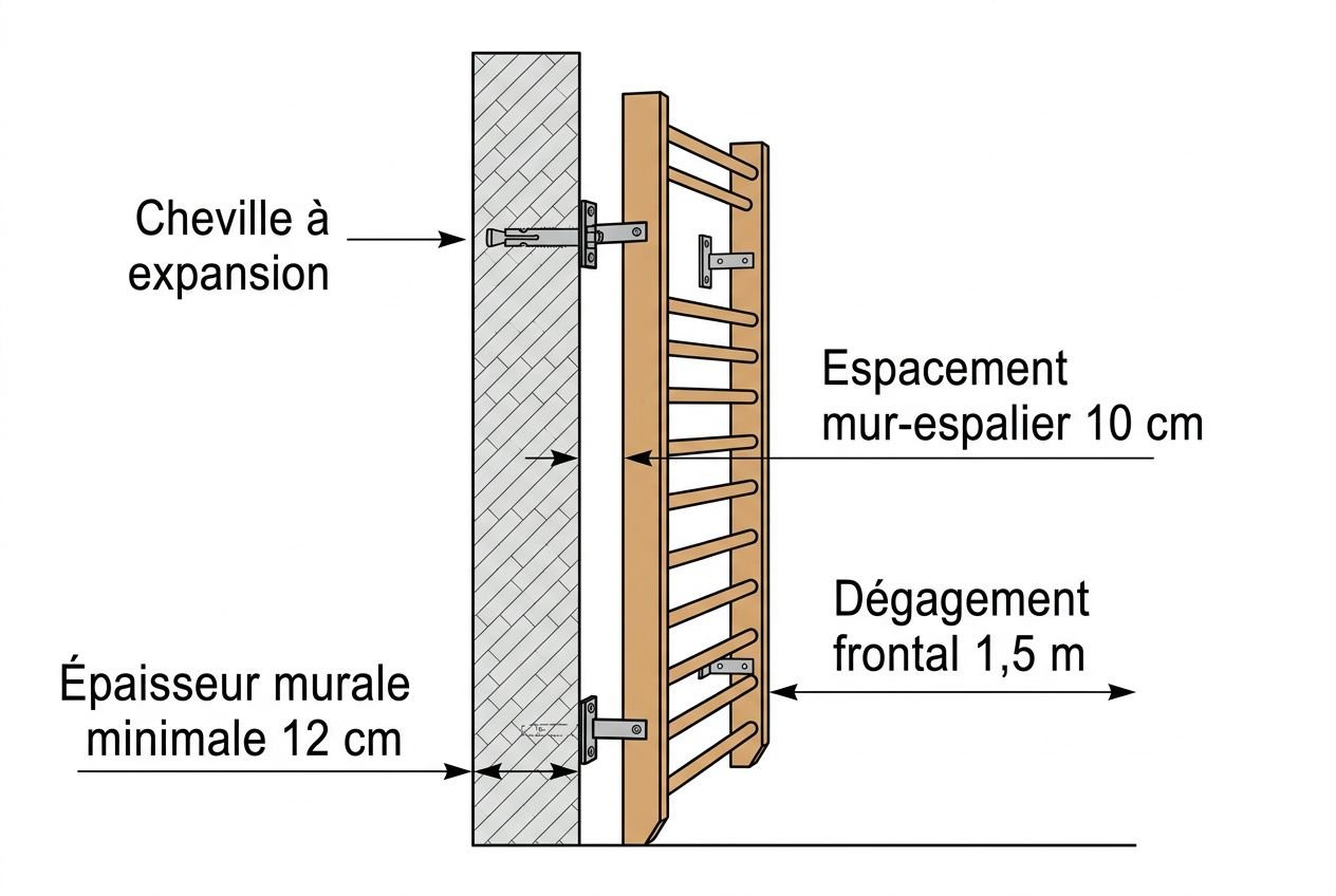 Espalier gym école installation montrant fixation murale, espacement 10 cm et dégagement frontal de 1,5 m, épaisseur murale minimale 12 cm.