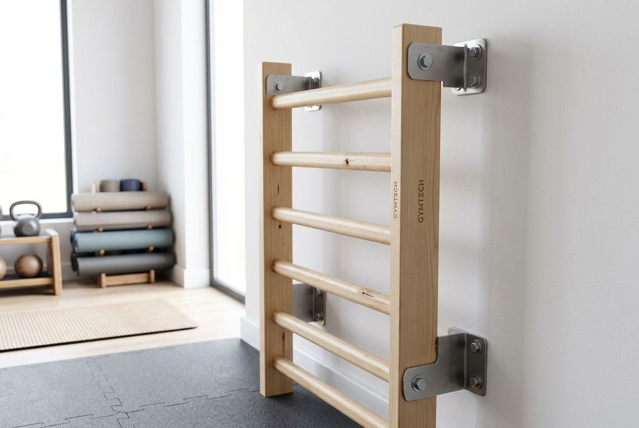 Espalier suédois fixé au mur avec fixation murale en acier, monté sur cadre en bois robuste dans une salle de sport à domicile.