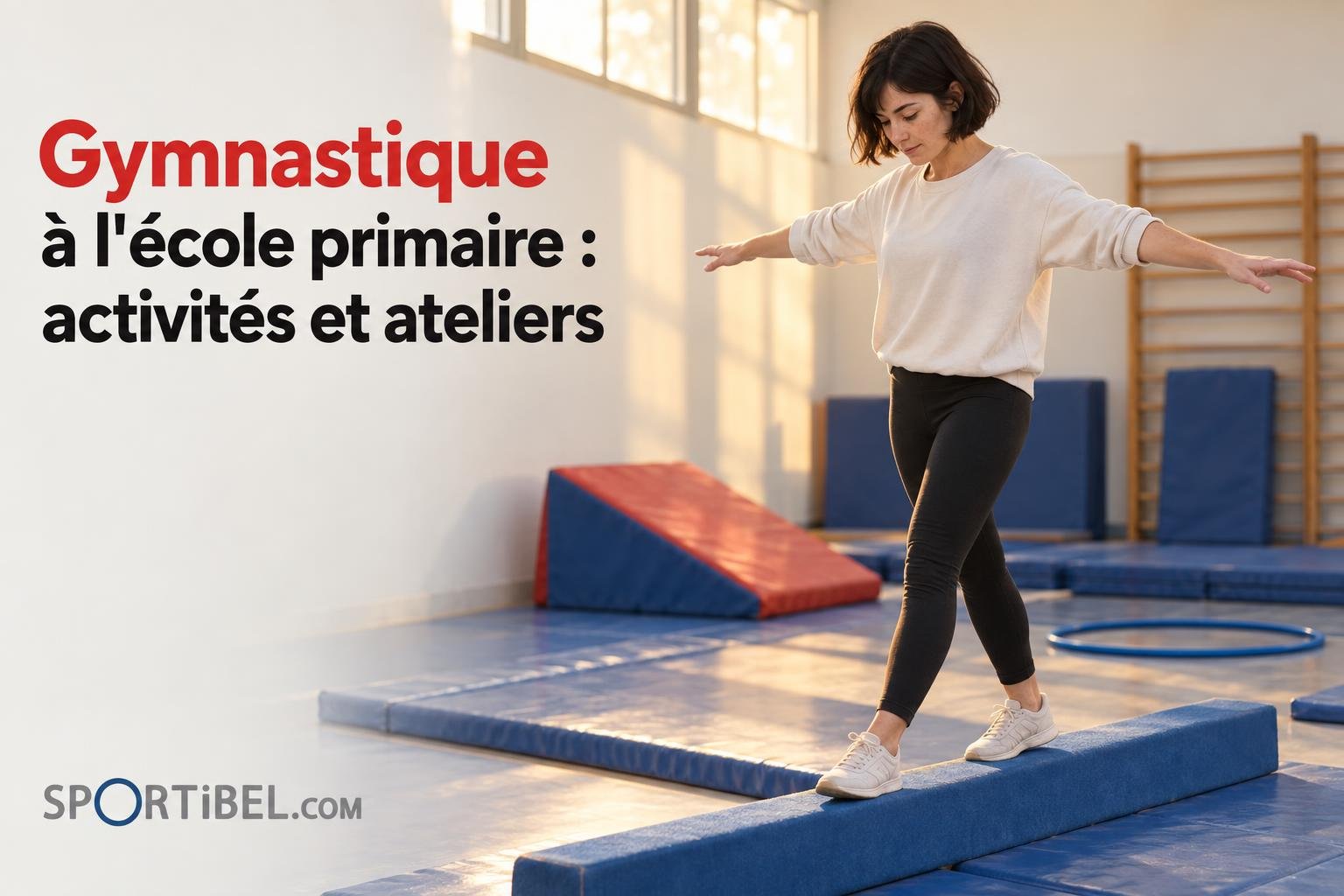 Une femme marchant sur une poutre d’équilibre dans une salle de gym adaptée.