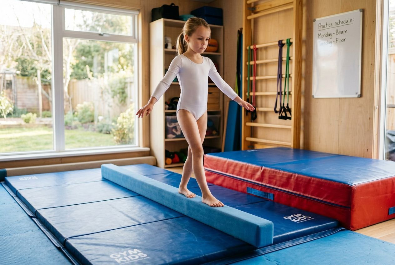 Fille en justaucorps blanc sur une poutre d’équilibre dans une salle de gym maison équipée de tapis bleus et modules padding, pratique le gymnastique. matériel gymnastique maison.