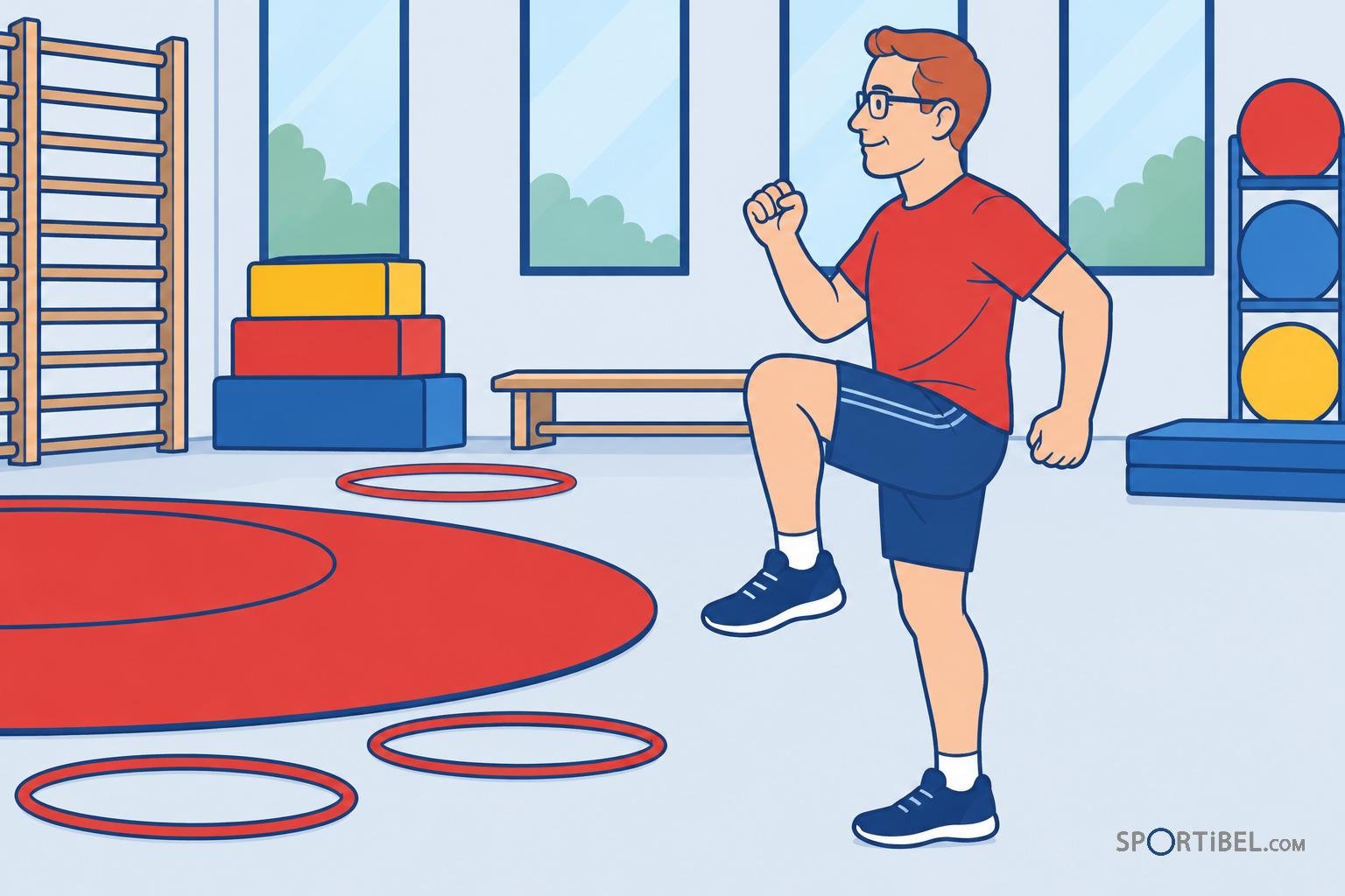 Un garçon en salle de sport effectue un mouvement de préparation en levant un genou et en fléchissant le bras, avec des