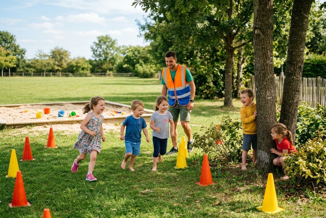 Groupe d’enfants et animateur en extérieur, participant à un jeu motrice avec cônes colorés dans un parc, activité adaptée à jeux 3 5 ans animation bafa