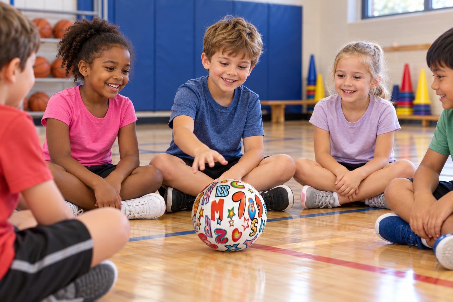Un groupe d’enfants assis en cercle sur le parquet d’une salle de sport autour d’un ballon de soccer coloré.