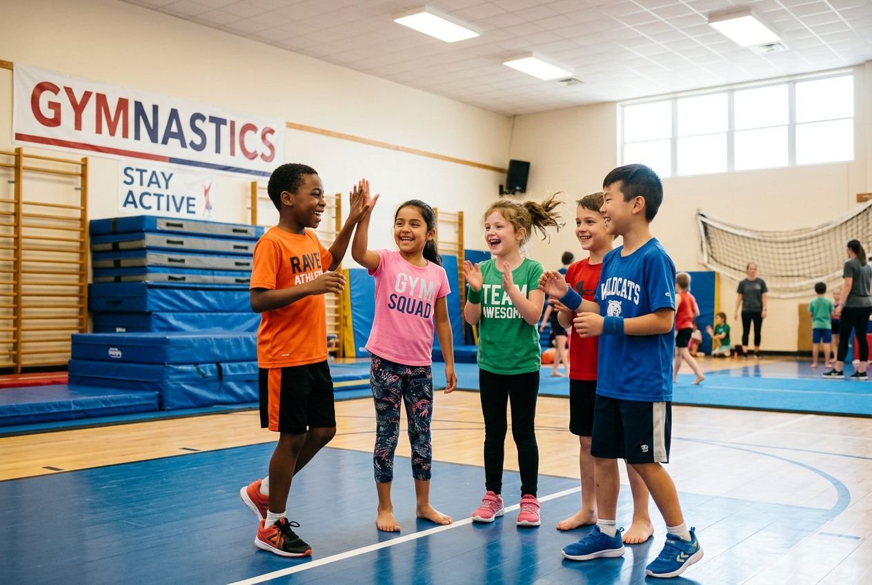 Groupe d’enfants s’activant dans une salle de gym, se félicitant lors d’un jeu collectif pour encourager les bienfaits de l'activité physique pour les enfants.