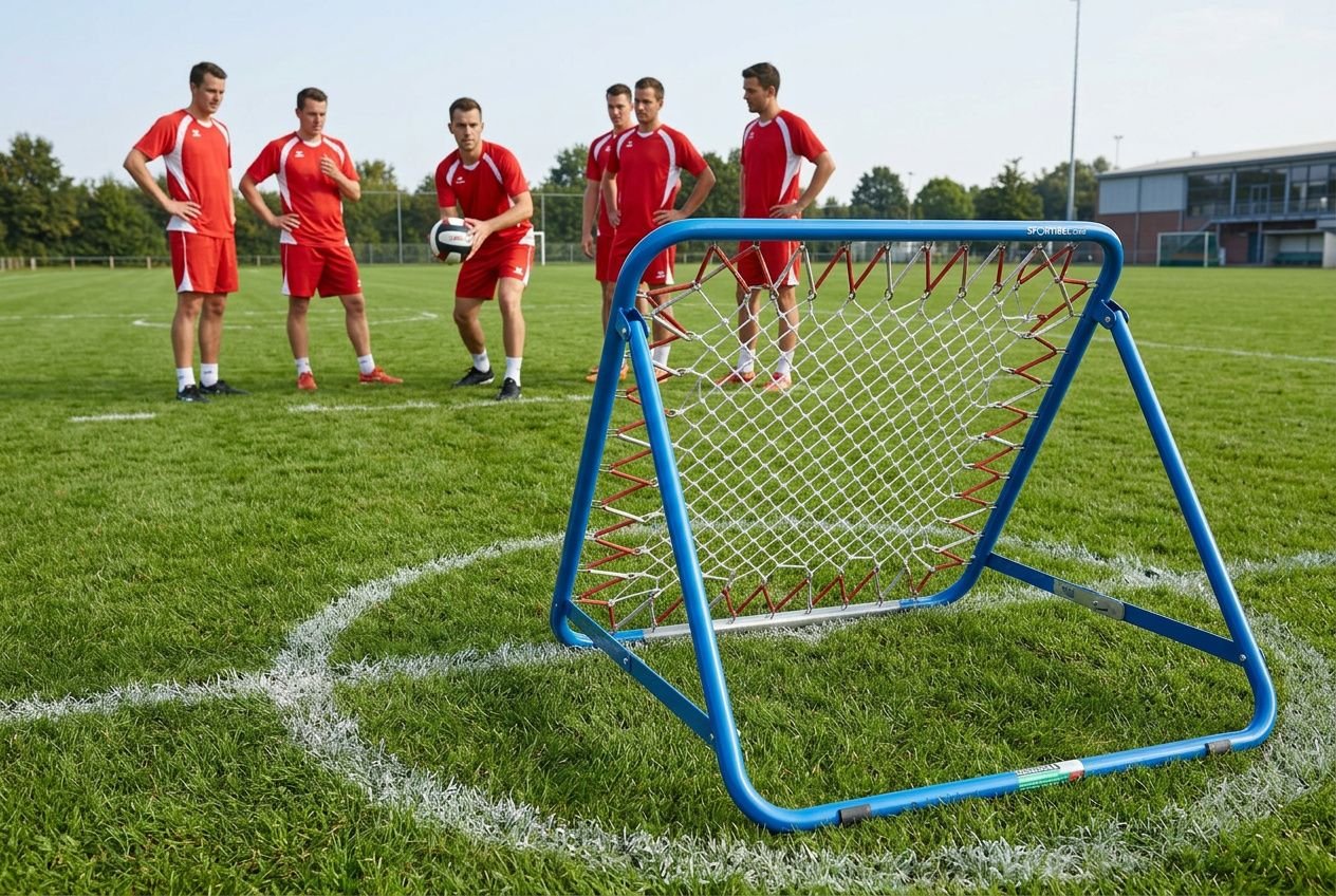 Groupe de joueurs en rouge s’entraînant sur gazon, ballon en main, près d’un petit but, prêt pour l’entraînement tchoukball.