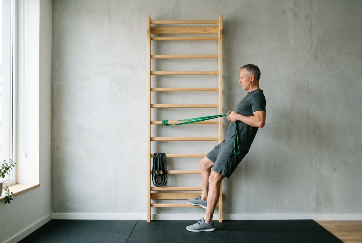 Homme effectuant des exercices sur un espalier suédois, utilisant une corde élastique pour résistance, dans une salle de sport à domicile.