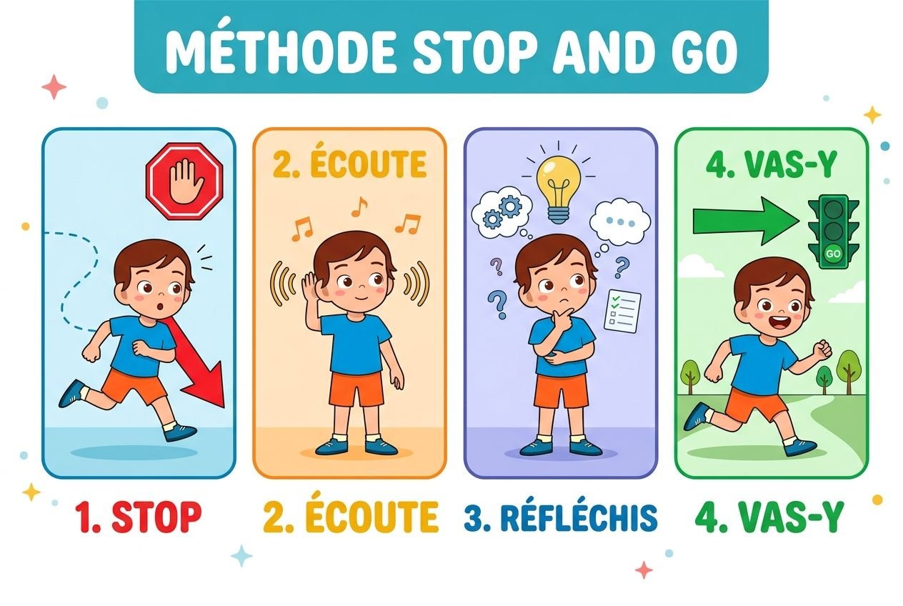 Illustration montrant la méthode Stop and Go: 1) Stop, enfant arrêté en sécurité; 2) Écoute, enfant écoute attentivement; 3) Réfléchis, enfant pense puis décide; 4) Vas-y, enfant avance prudemment. Intègre le terme psychomotricien enfant td lorsque pertinent.