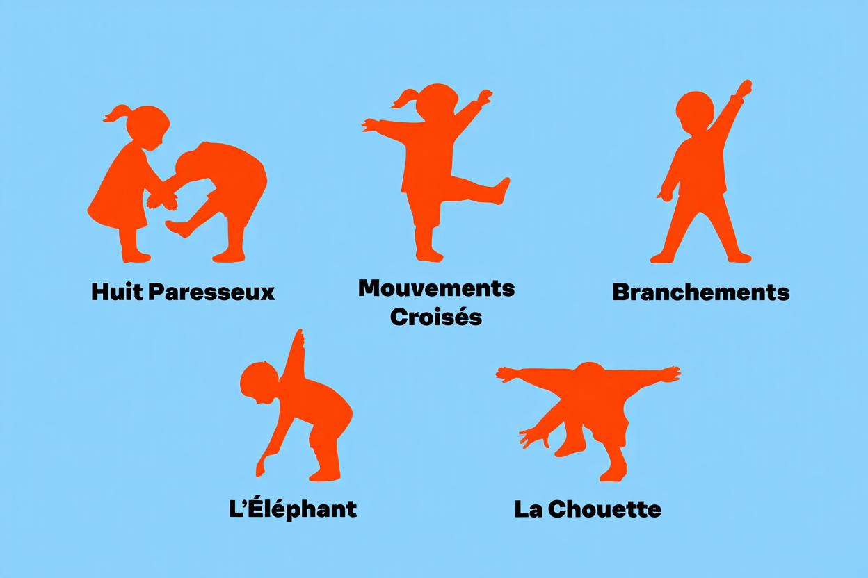 Illustrations silhouettes orange sur bleu: huit poses de brain gym enfant comme L'Éléphant, La Chouette, Mouvements Croisés, Branchéments, Huit Paresseux.