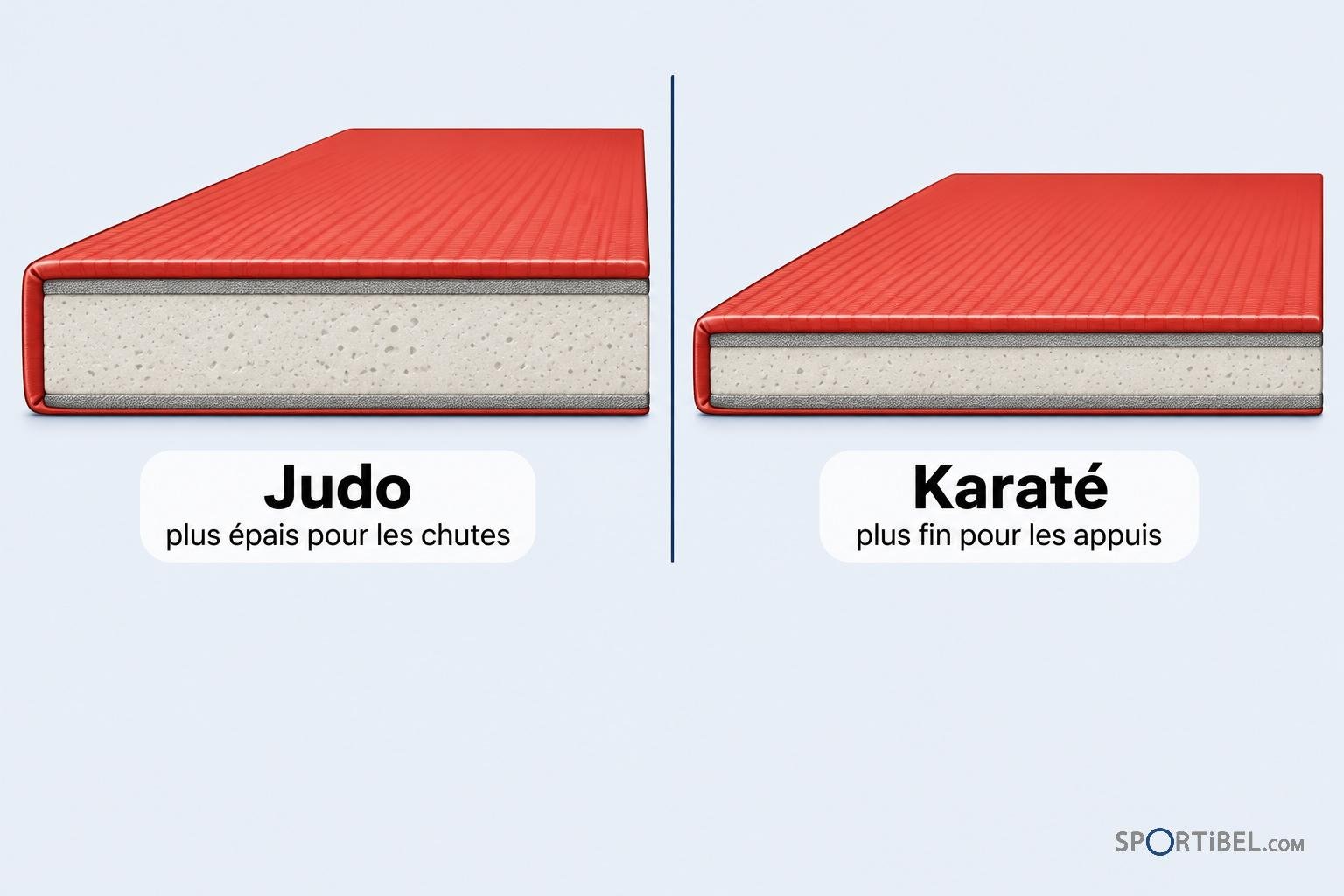 Une image comparative montrant deux tatamis: à gauche un tapis judo épais et à droite un tapis karaté plus fin.