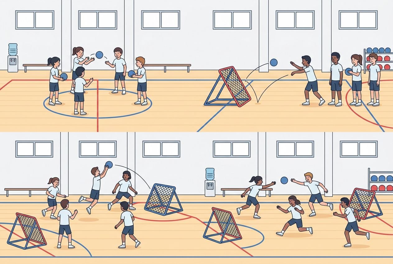 Jeu d’entraînement tchoukball en gymnase: joueurs de tous niveaux passent et lancent le ballon autour de cibles, dribbles et passes près de paniers attenants.