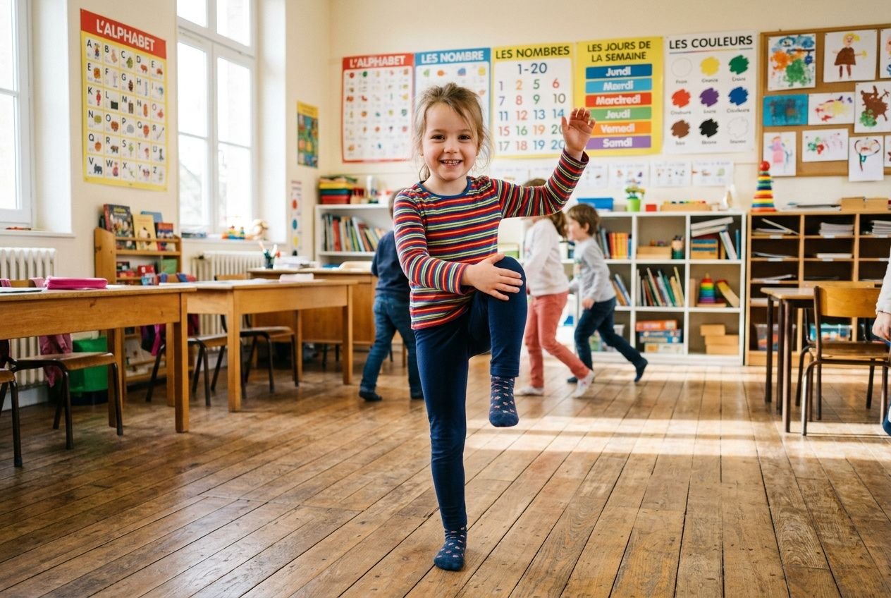 Jeune enfant faisant de l’exercice, debout sur une jambe dans une salle de classe lumineuse, souriante et en mouvement, pour le brain gym enfant.