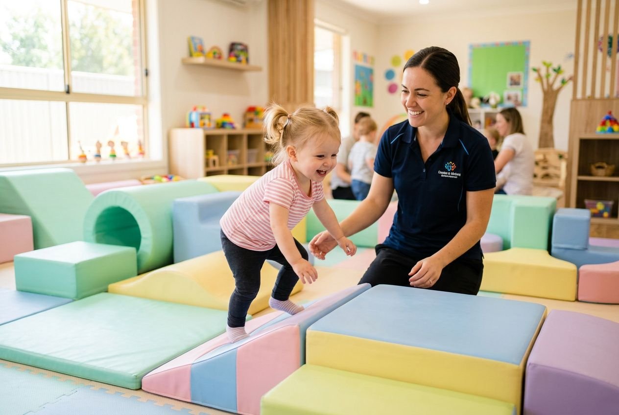 Jeune fille en gymnaste en formation portée par une monitrice dans une aire de jeux colorée, illustrant les bienfaits de la gymnastique pour les enfants.