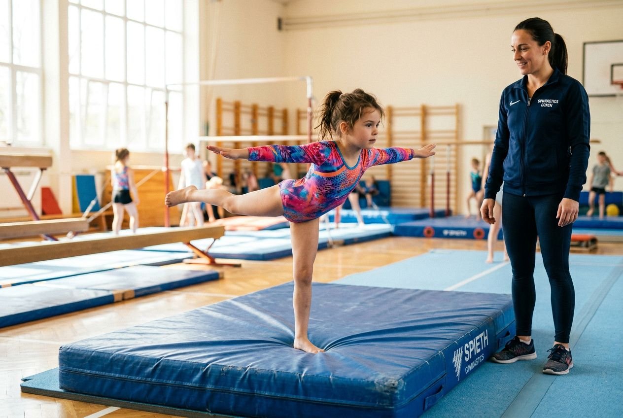 Jeune fille en gymnastique sur une plateforme, bras tendus, équilibrée, sous la supervision d’une coach dans une salle d’entraînement. Bienfaits de la gymnastique pour les enfants.