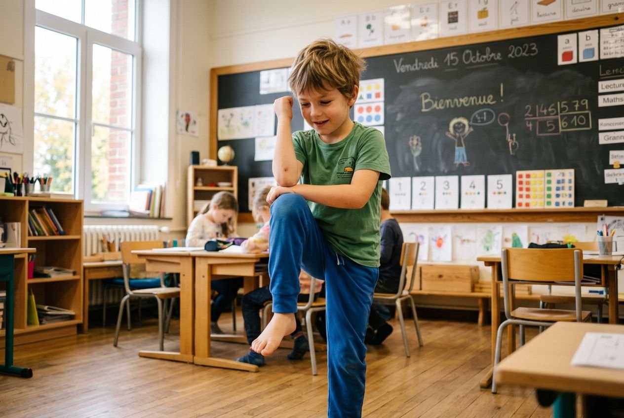 Jeune garçon en séance de brain gym, équilibre sur une jambe dans une école, en classe devant un tableau. mouvements de brain gym pour stimuler le cerveau.