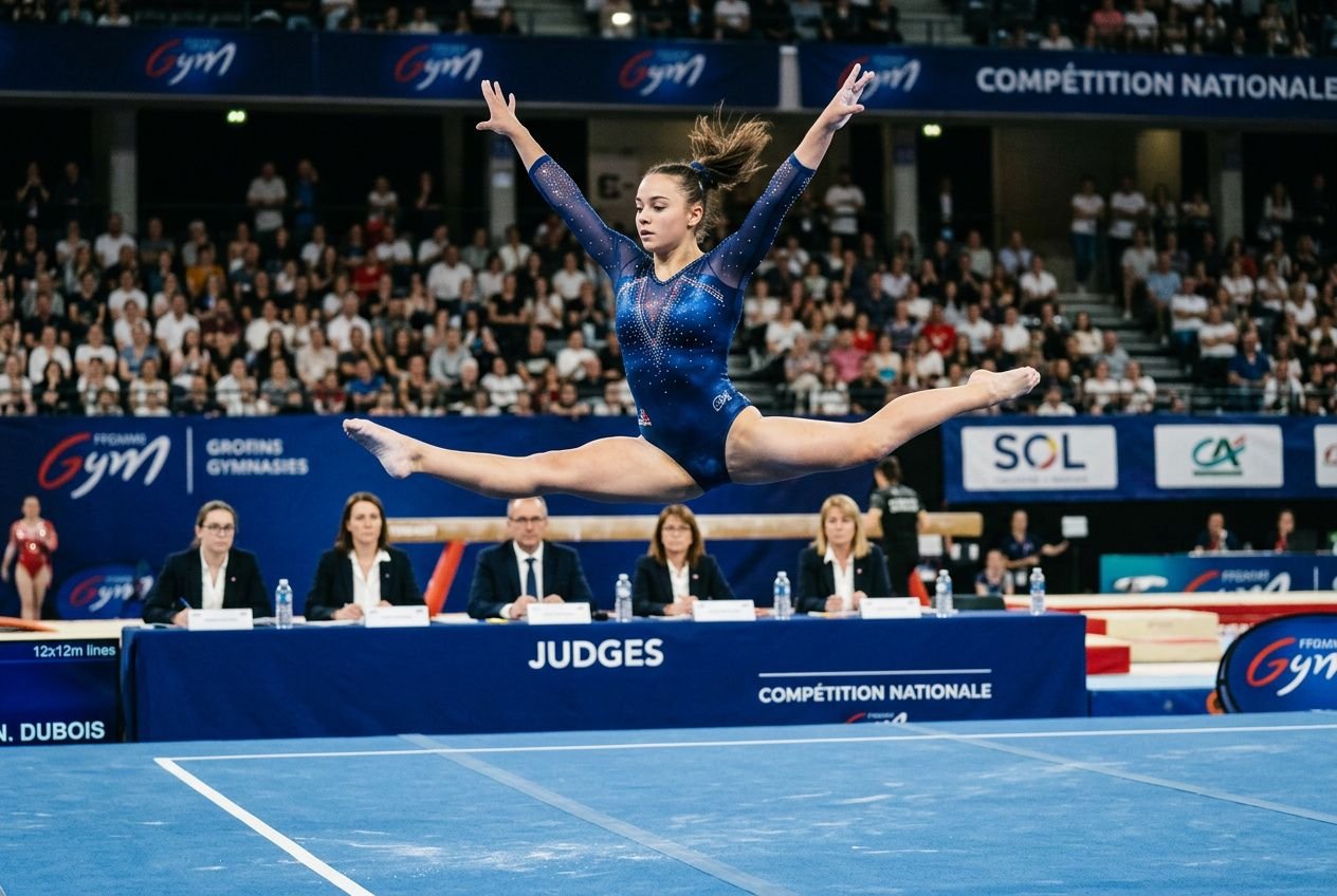 Jeune gymnaste en pose spectaculaire en salto, lors d’une compétition, entourée des juges et du public, représentant les règles de la gymnastique.