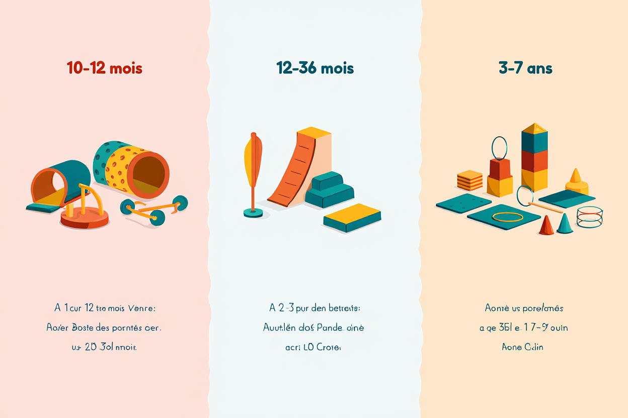 Matériel parcours moteur: jeu sensoriel et déplacements avec tunnels, modules et cerceaux pour bébés et enfants.