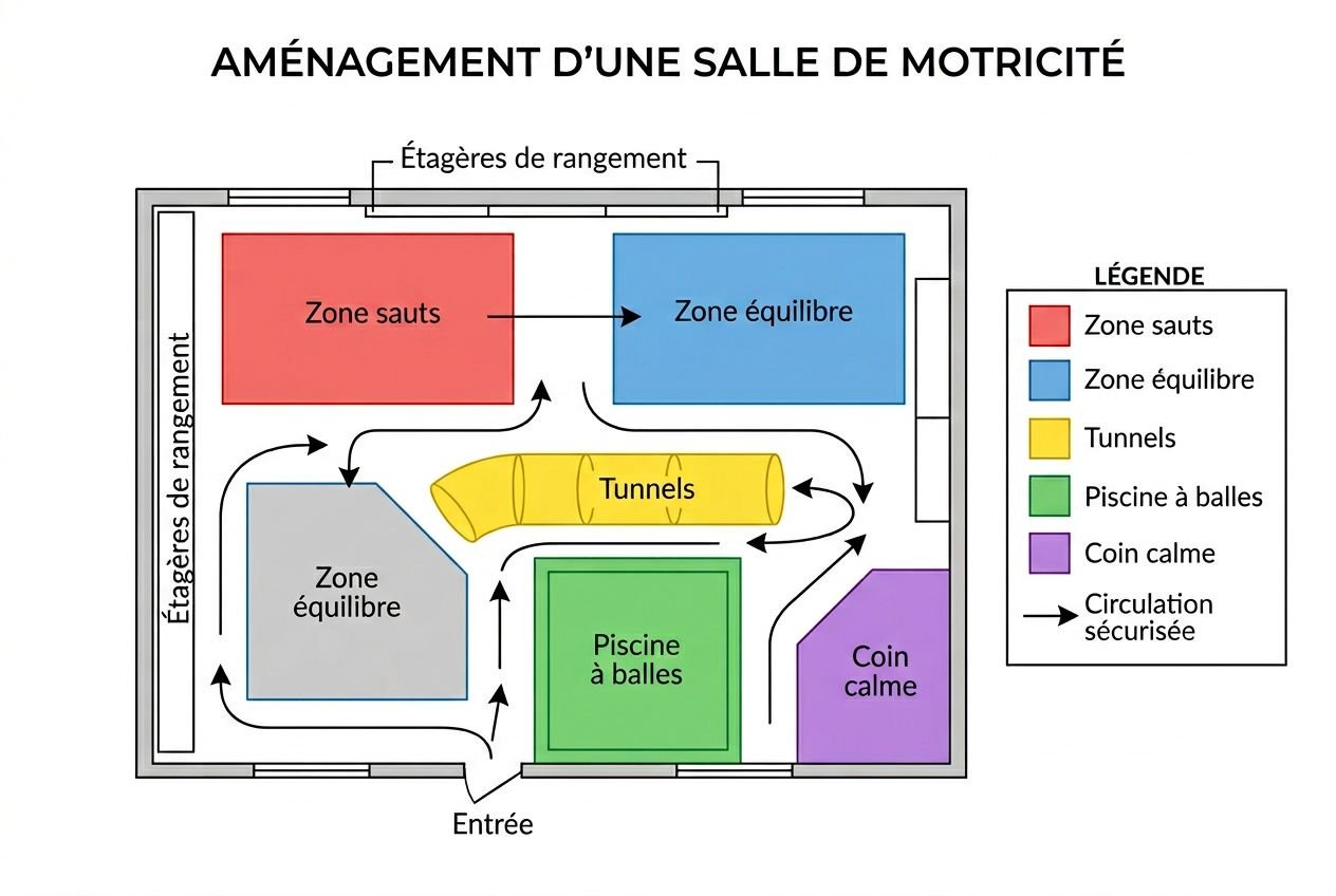 Plan d’aménagement d’une salle de motricité: zones, tunnels et tapis colorés pour éveil et équilibre.