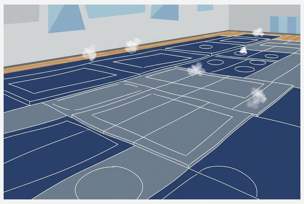 Planche de gymnastique avec zones et parcours au sol et sur agrès, dessinées en bleus, ambiances d’entraînement EPS.