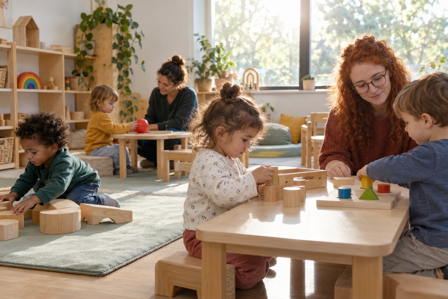 Plusieurs jeunes enfants jouent calmement avec des formes et des cylindres en bois sous la supervision d’adultes dans une salle