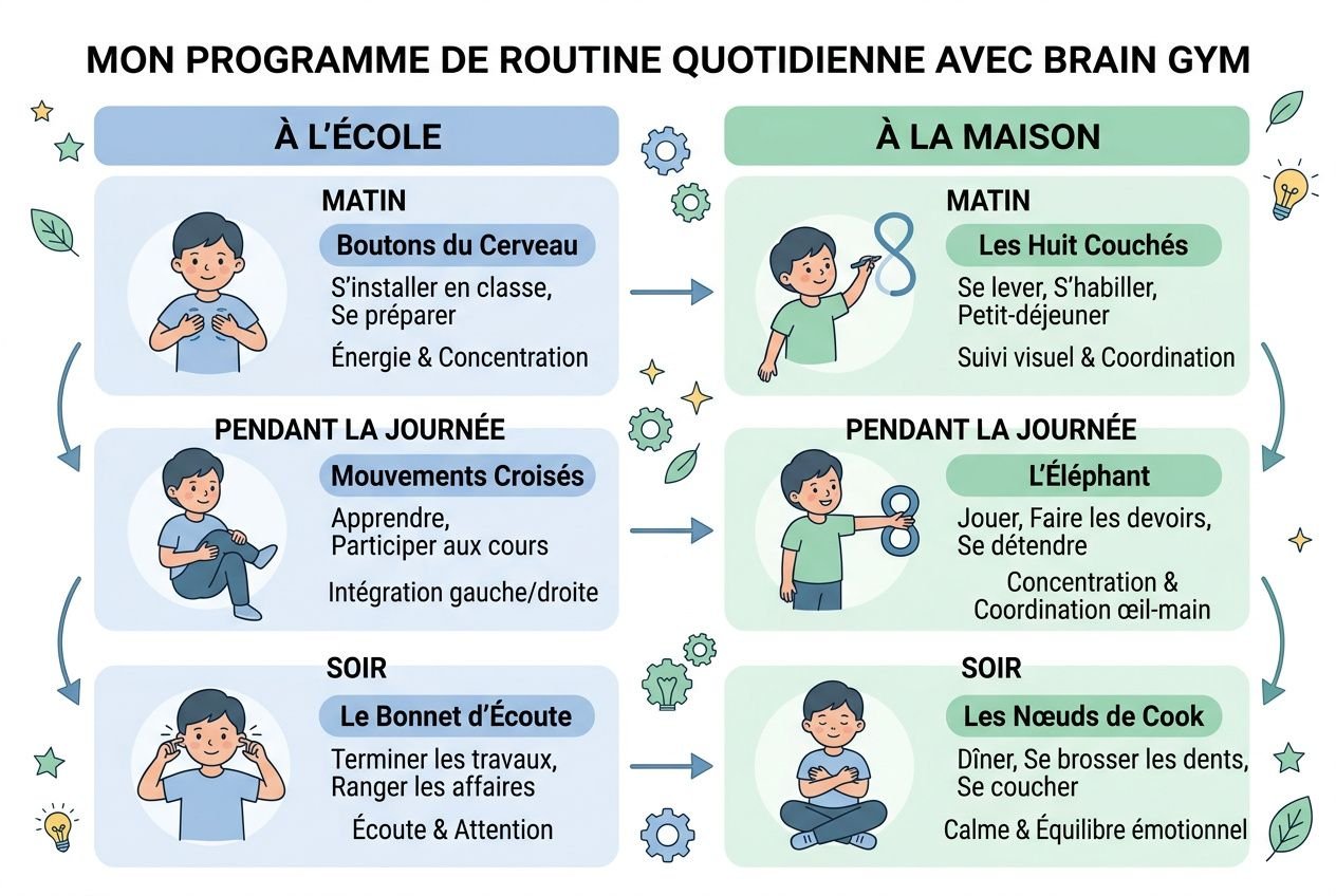 Programme de routine Brain Gym enfant à l’école et à la maison, avec mouvements croisés et exercices d’attention.