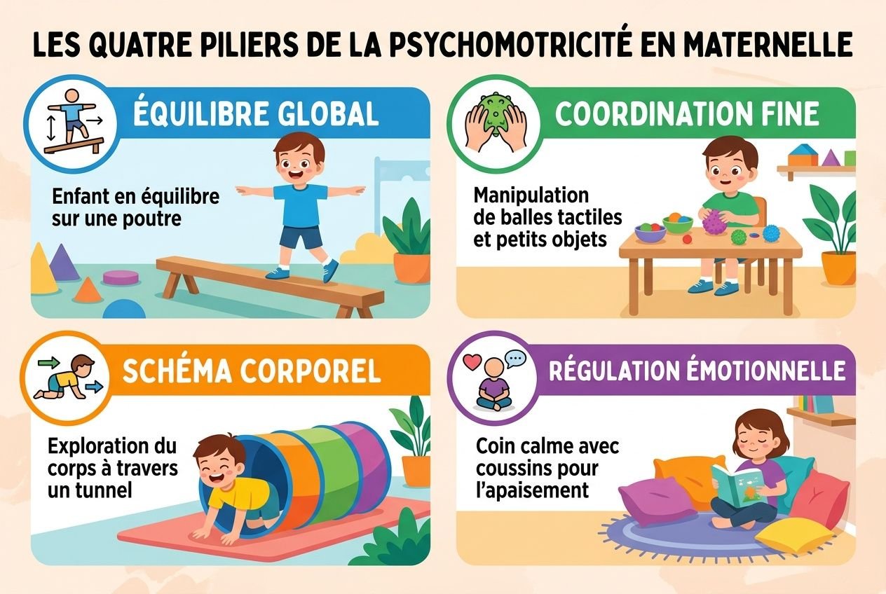 Les quatre piliers de la psychomotricité en maternelle: équilibre global, coordination fine, schéma corporel et régulation émotionnelle avec enfants et activités. Équipement salle de motricité présentés (tapis, modules, structures d’éveil).
