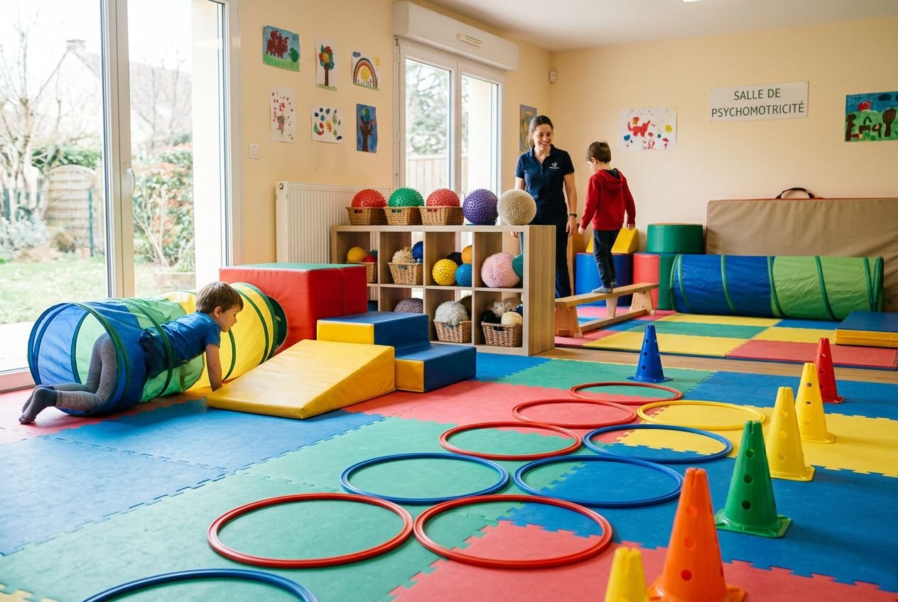 Salle de psychomotricité collective avec matériel coloré: cerceaux et cônes, tunnels et plateformes pour séances en groupe.
