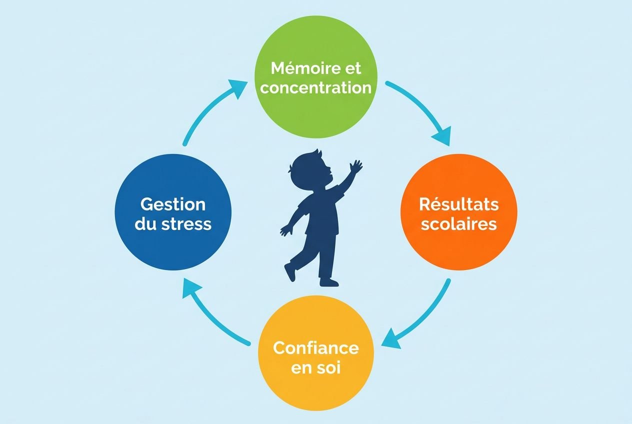 Schéma circulaire montrant les bienfaits de la gymnastique pour les enfants: un enfant au centre entouré de cercles colorés « Mémoire et concentration », « Résultats scolaires », « Confiance en soi » et « Gestion du stress ».