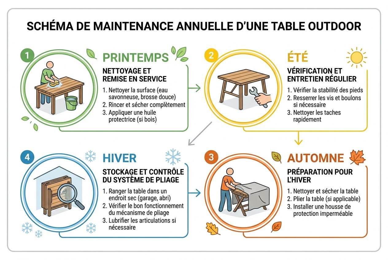 Schéma: entretien annuel d’une table outdoor avec quatre saisons et actions de nettoyage, rangement, vérifications et protections.