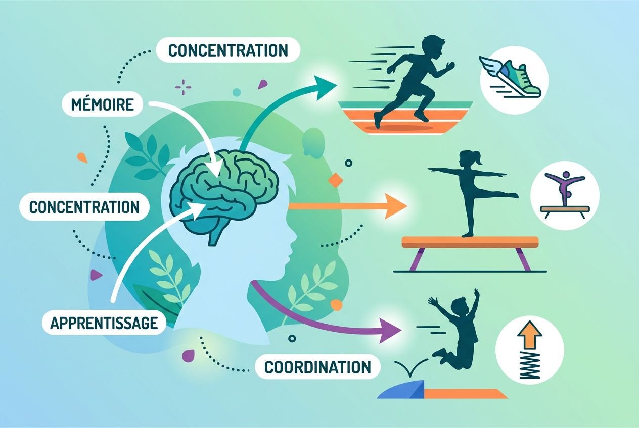 Schéma illustrant les bienfaits de l'activité physique pour les enfants: cerveau et apprentissage favorisés, avec concentration et mémoire, et silhouettes enfants effectuant gymnastique et course.