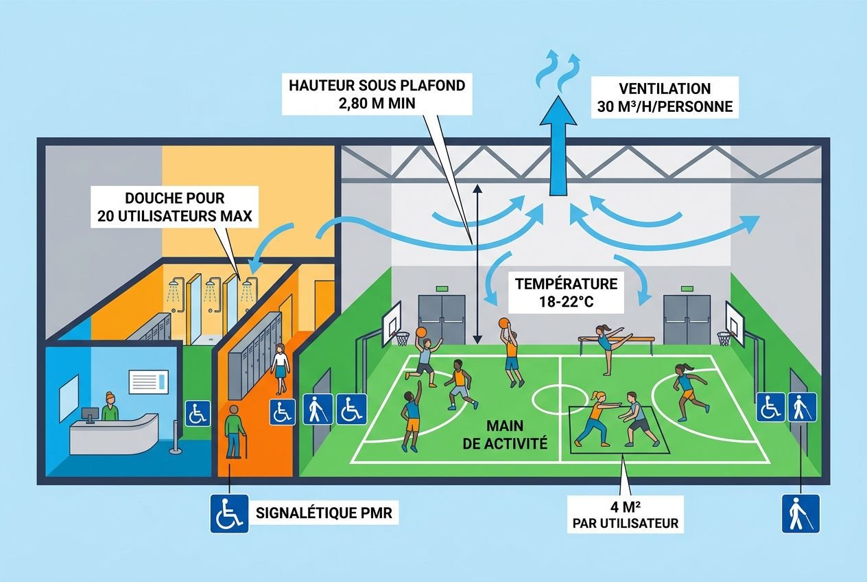 Schéma illustrant les obligations de sécurité d'une salle de sport : zones d'accueil, vestiaires, douche pour 20 utilisateurs, signalétique PMR, ventilation, hauteur sous plafond 2,80 m, température 18–22°C, et aire de pratique sportive.