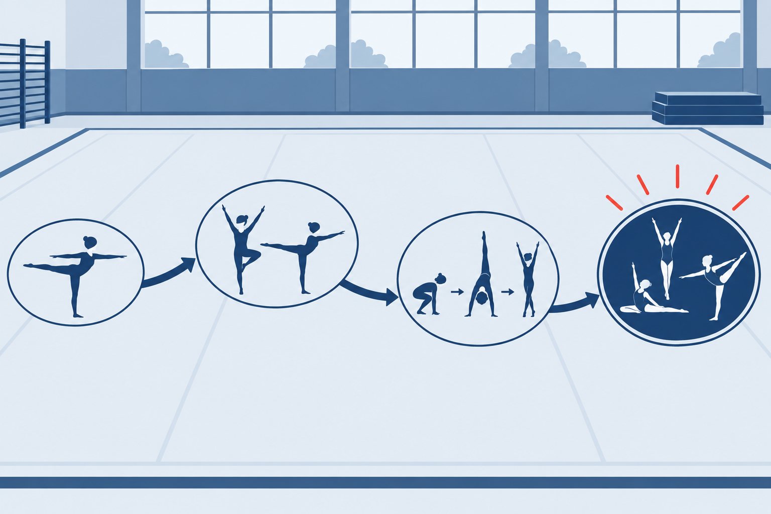 Une série de silhouettes montrant des gymnastes réalisant des mouvements successifs sur un tapis dans une salle, illustrant une