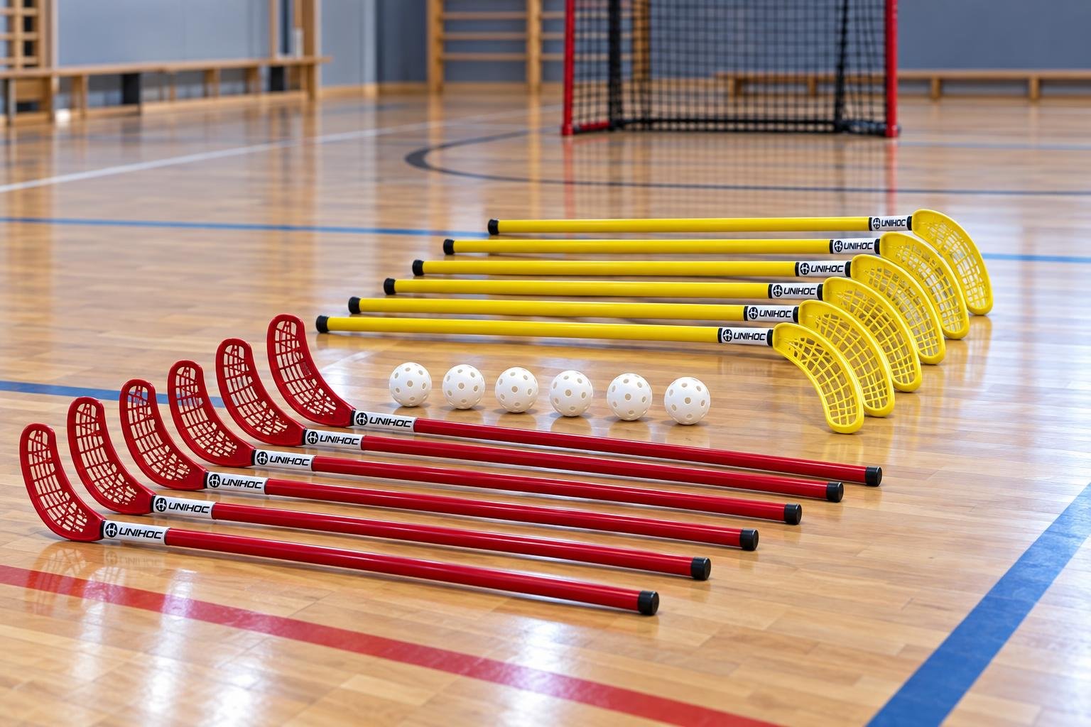 Soutiens et balles alignés sur un terrain intérieur, prêts pour un sport de crosse ou floorball.